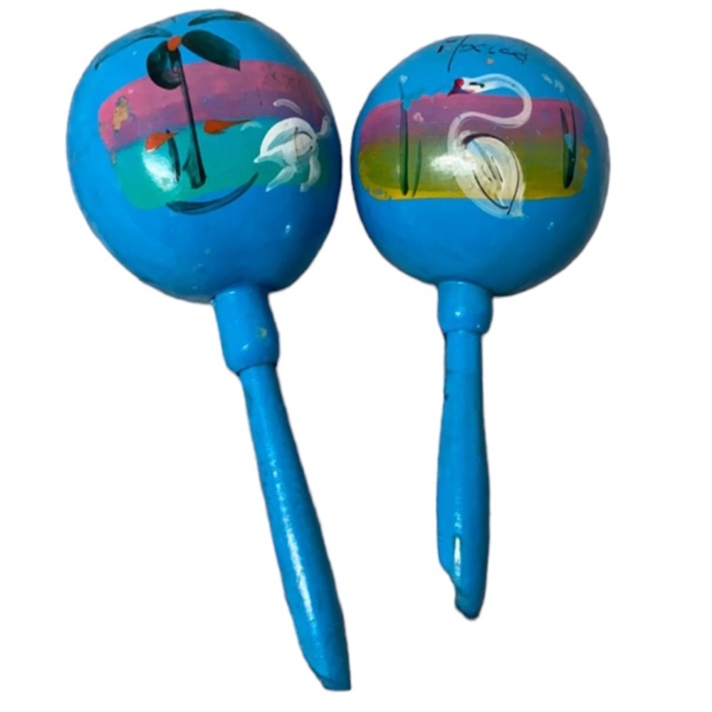Authentic Mexican‎ Maracas Teal. Turtle & Flamingo